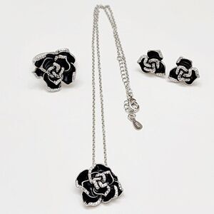 Sterling Silver Jewelry Set Black Rose Earrings, Necklace Ring
